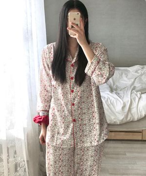 빈티지플로랄 피치기모 긴팔 파자마 상하의 세트