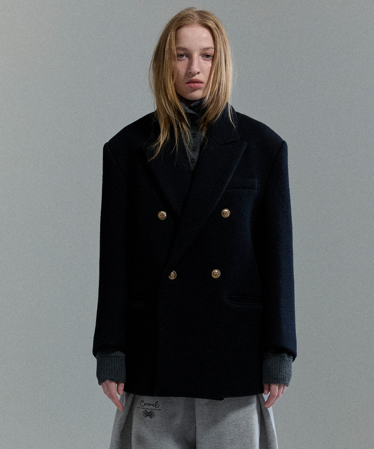 코캔클(COCANCL) 헤비 울 더블 하프 코트/네이비