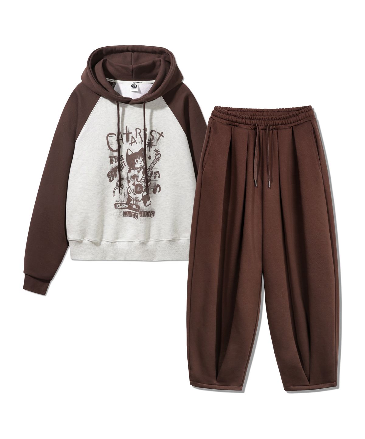 앨빈클로(ALVINCLO) [SET] 카타리스트 래글런 크롭 후드티 벌룬 와이드 팬츠 셋업