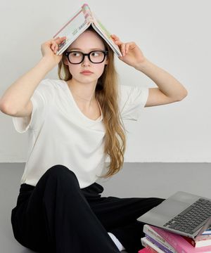 여성 U넥 오버핏 스판 반팔티셔츠 아이보리 LATS0210