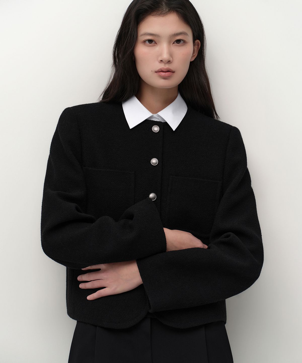 무신사 스탠다드 우먼(MUSINSA STANDARD WOMAN) 우먼즈 울 블렌드 테리 부클 트위드 재킷 [블랙]