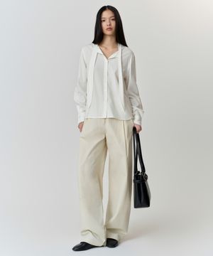 우먼즈 워시드 코튼 딥 턱 와이드 팬츠 [크림]