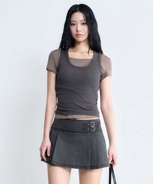 [언바운드 걸] 우먼즈 피그먼트 플리츠 미니 스코츠 [차콜 그레이]
