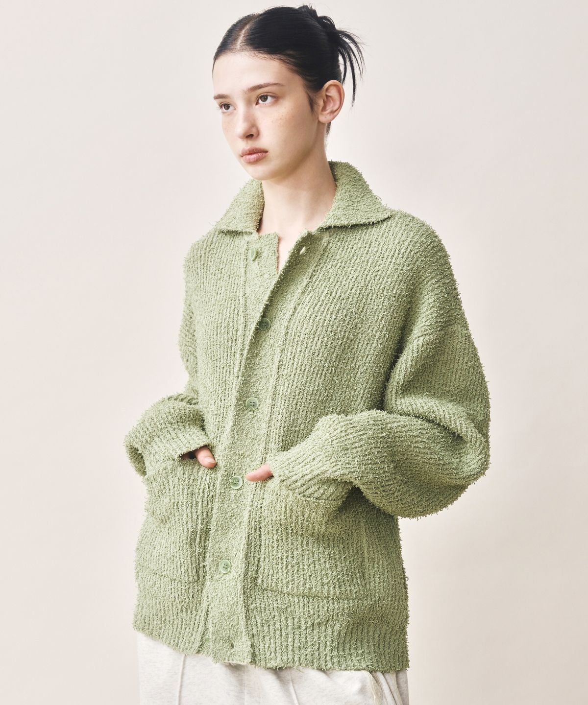 닉앤니콜(NICK&NICOLE) BOUCLE COLLAR KNIT CARDIGAN_OLIVE