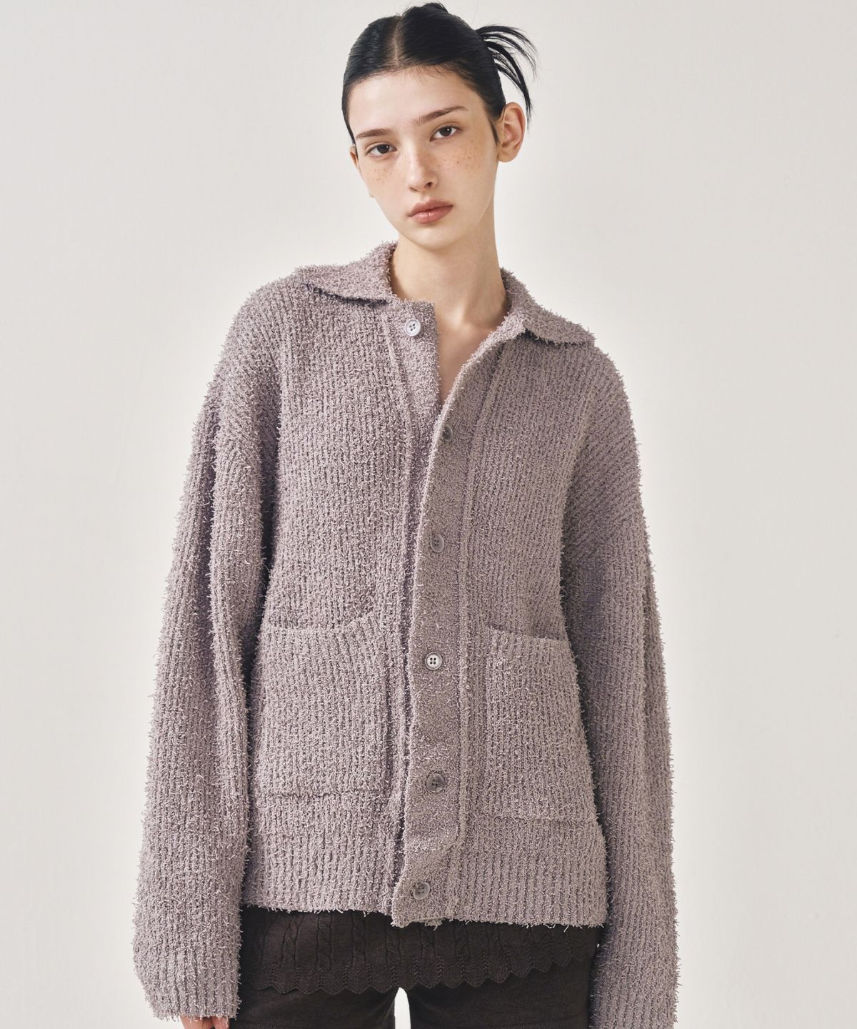 닉앤니콜(NICK&NICOLE) BOUCLE COLLAR KNIT CARDIGAN_GRAY