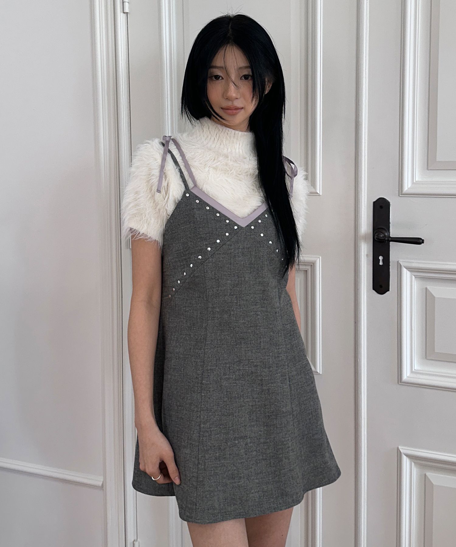 MARGARIN FINGERS - STUDS LAYERED MINI DRESS (GREY)
