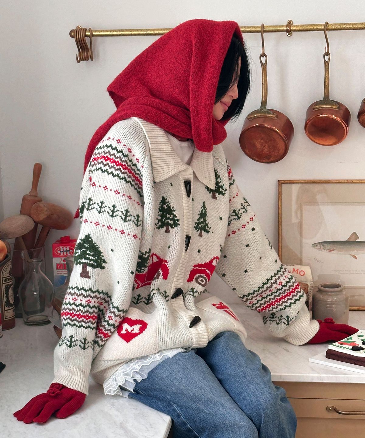 마가린핑거스(MARGARIN FINGERS) ROSE EMBROIDERY MUFFLER (RED)