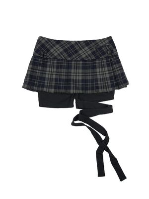 체크 리본 플리츠 스커트 [네이비]