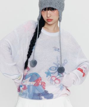 키르시 X 피투 올오버 그래픽 루즈핏 헤어리 니트 [다크 블루]