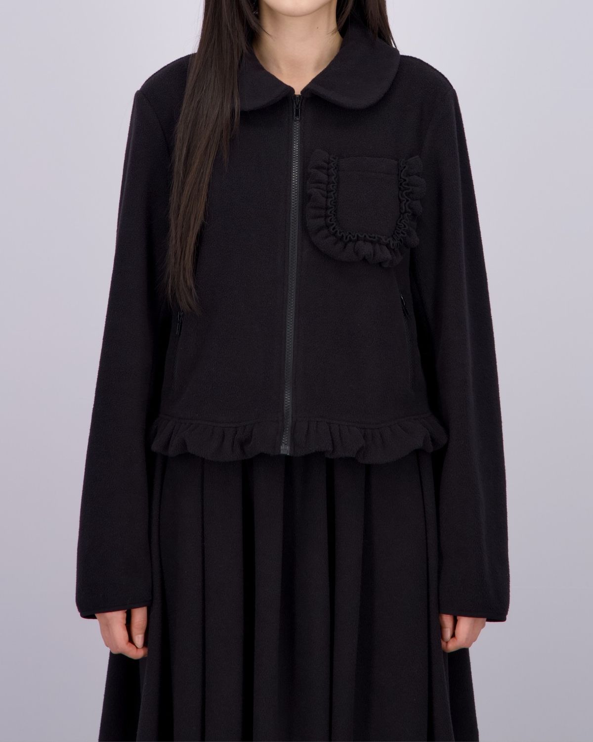 로액슈얼(LO AXUAL) FLEECE FRILL POCKET JACKET_BLACK
