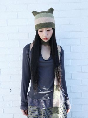 스트라이프 캣 비니(카키)