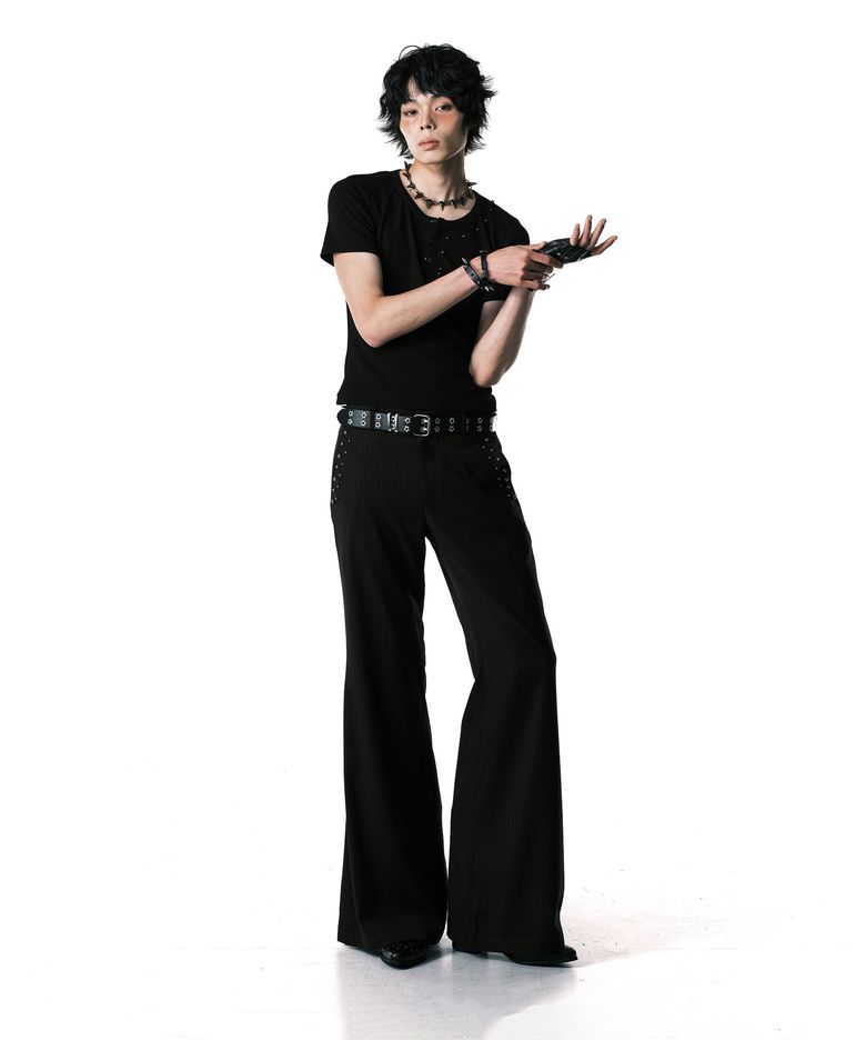 STUD STRIPE BOOTCUT TROUSERS BLACK