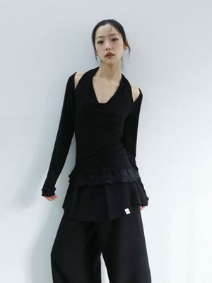 스카프 퍼 프릴 티셔츠(블랙)