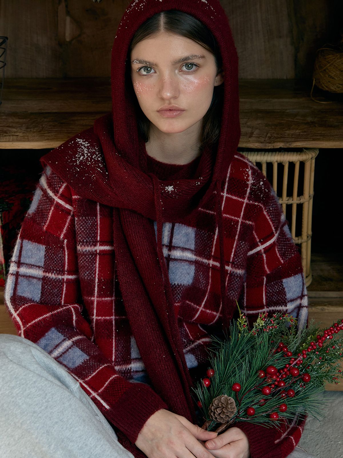 졸리앙볼(JOLIEENVOL) Hearth Check Sweater_hairy (Bordeaux Wine CHECK)