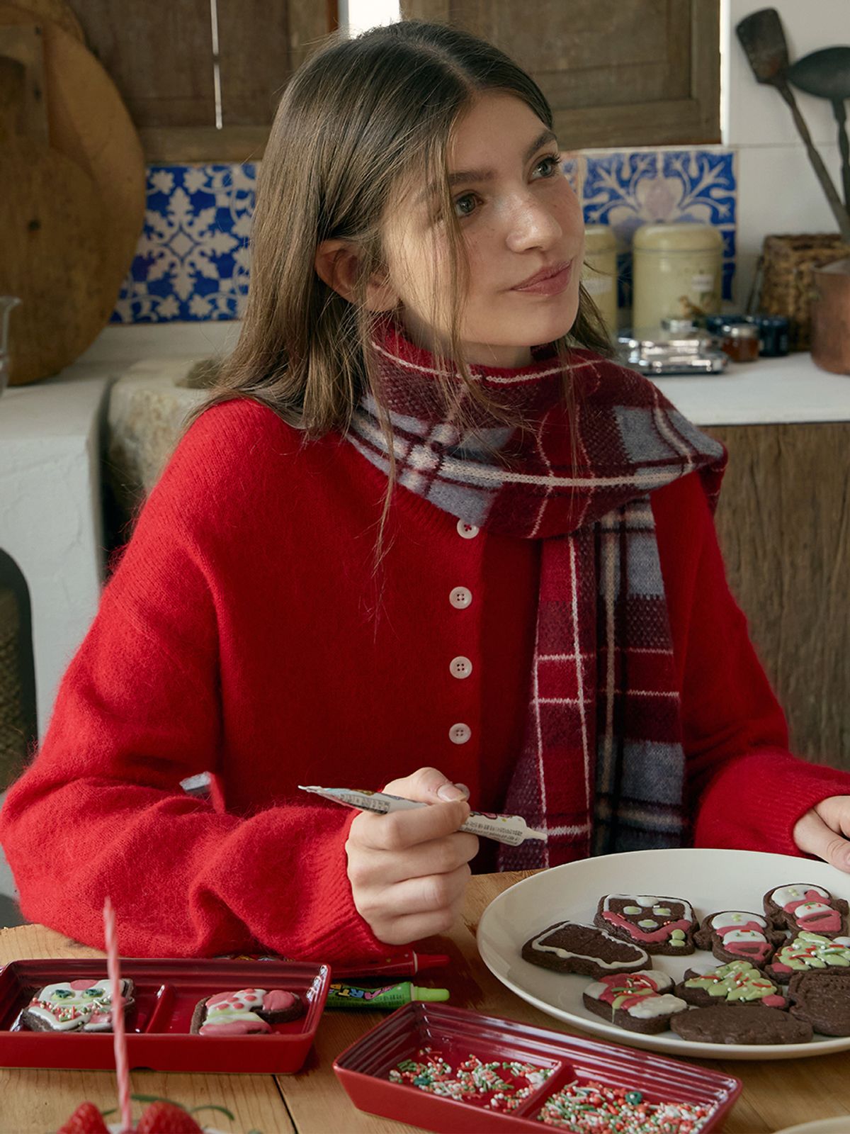 졸리앙볼(JOLIEENVOL) Hearth Check Knit Muffler (Boredeaux Wine CHECK)