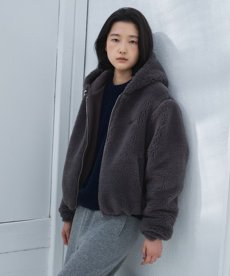 TEDDY HOODED FUR JACKET (CHARCOAL)