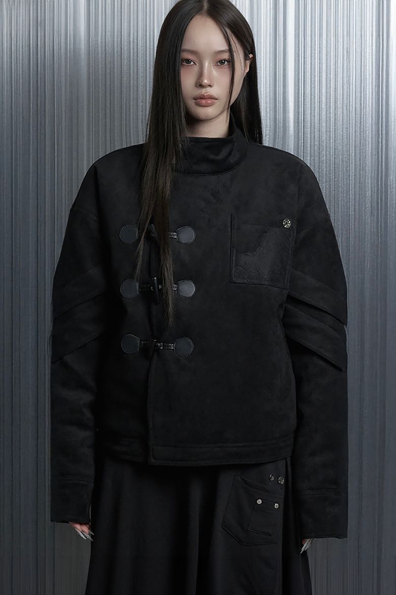 Suede Volume Over Bomber Jacket (Black)