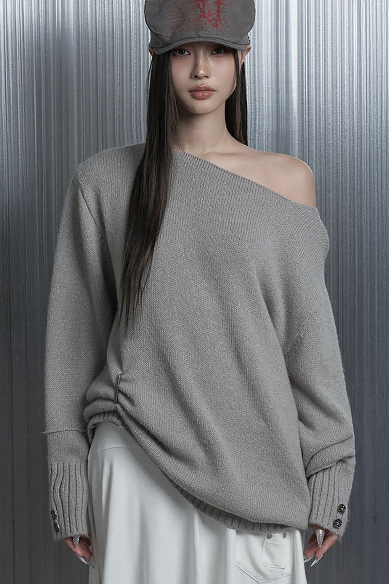 Pin Up One-Shoulder Knit Top (Gray)