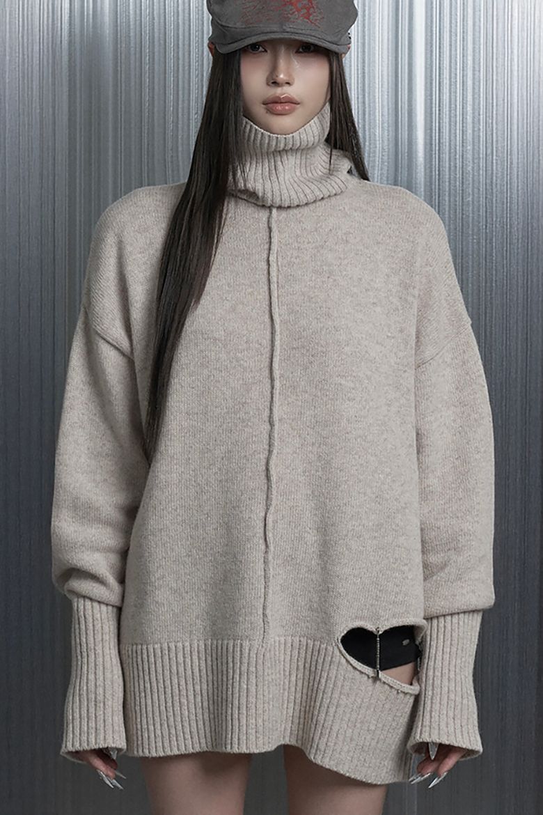 Soft Rib Cut Out Pin Point Turtleneck Knit (Beige)