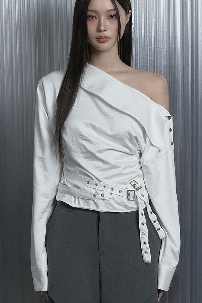 Two Belt Drape One-Shoulder Blouse (White)