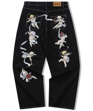 엔젤 자수 데님팬츠 - 블랙