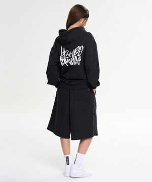 [SET] 그래피티 루즈핏 후드 상의 + 빅 로고 버뮤다 팬츠 짐웨어 세트 W 블랙