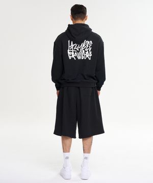 [SET] 그래피티 루즈핏 후드 상의 + 빅 로고 버뮤다 팬츠 짐웨어 세트 M 블랙