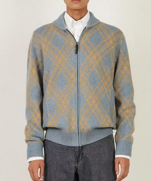 울혼방 숄카라 체크 풀집업 블루