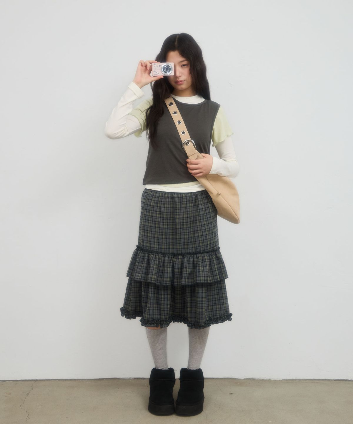 레터리(LETERIE) CHECK CANCAN MIDI SKIRT_GREEN