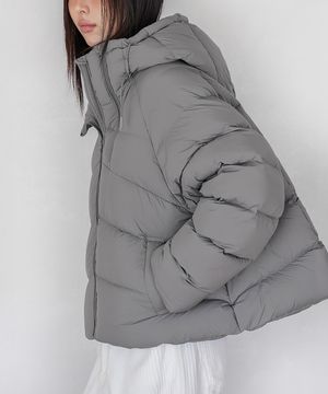 HOODED DUCK DOWN CROPPED PUFFER JACKET, GREY