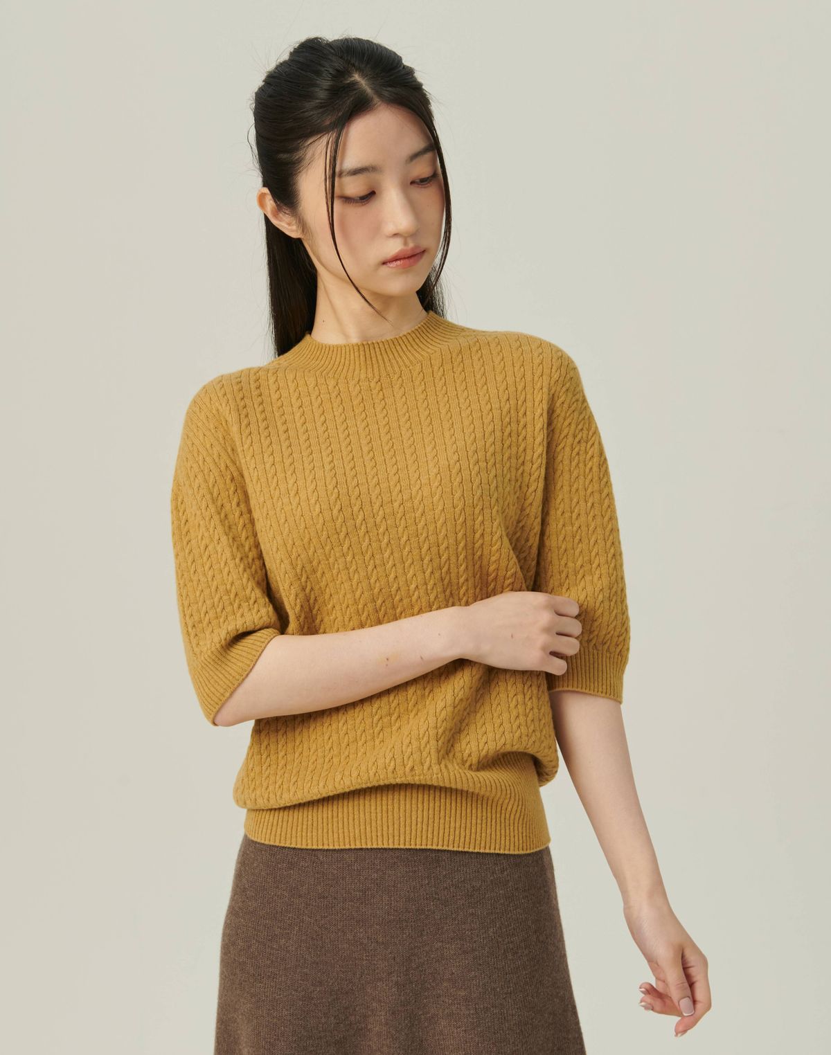 베이스스레드(BASETHREAD) Dense Cable Knit Mid Sleeve Pullover_MUSTARD