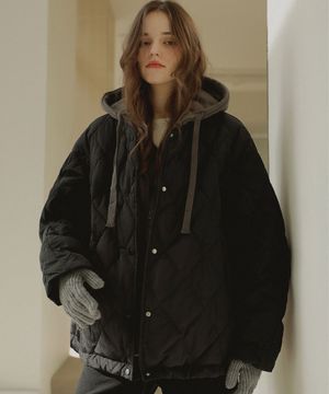 후드 레이어드 누빔 패딩_black