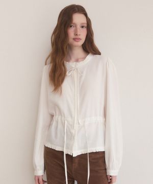 Frill warm texture ribbon blouse - white
