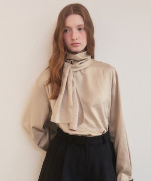 Satin side button scarf neck blouse - beige