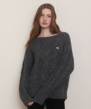 Boat neck hairy twist knit - charcoal