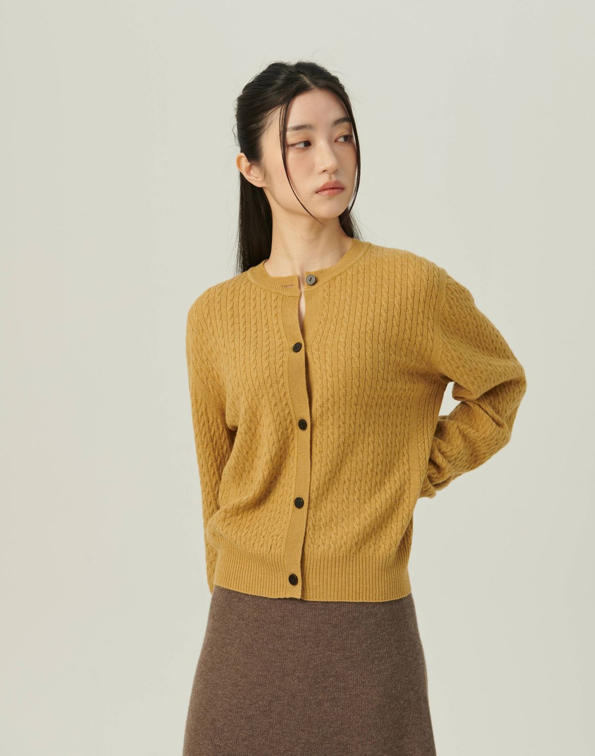 베이스스레드(BASETHREAD) Dense Cable Knit Cardigan_MUSTARD
