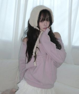 레터링 아플리케 오프 원숄더 스웻 셔츠 핑크