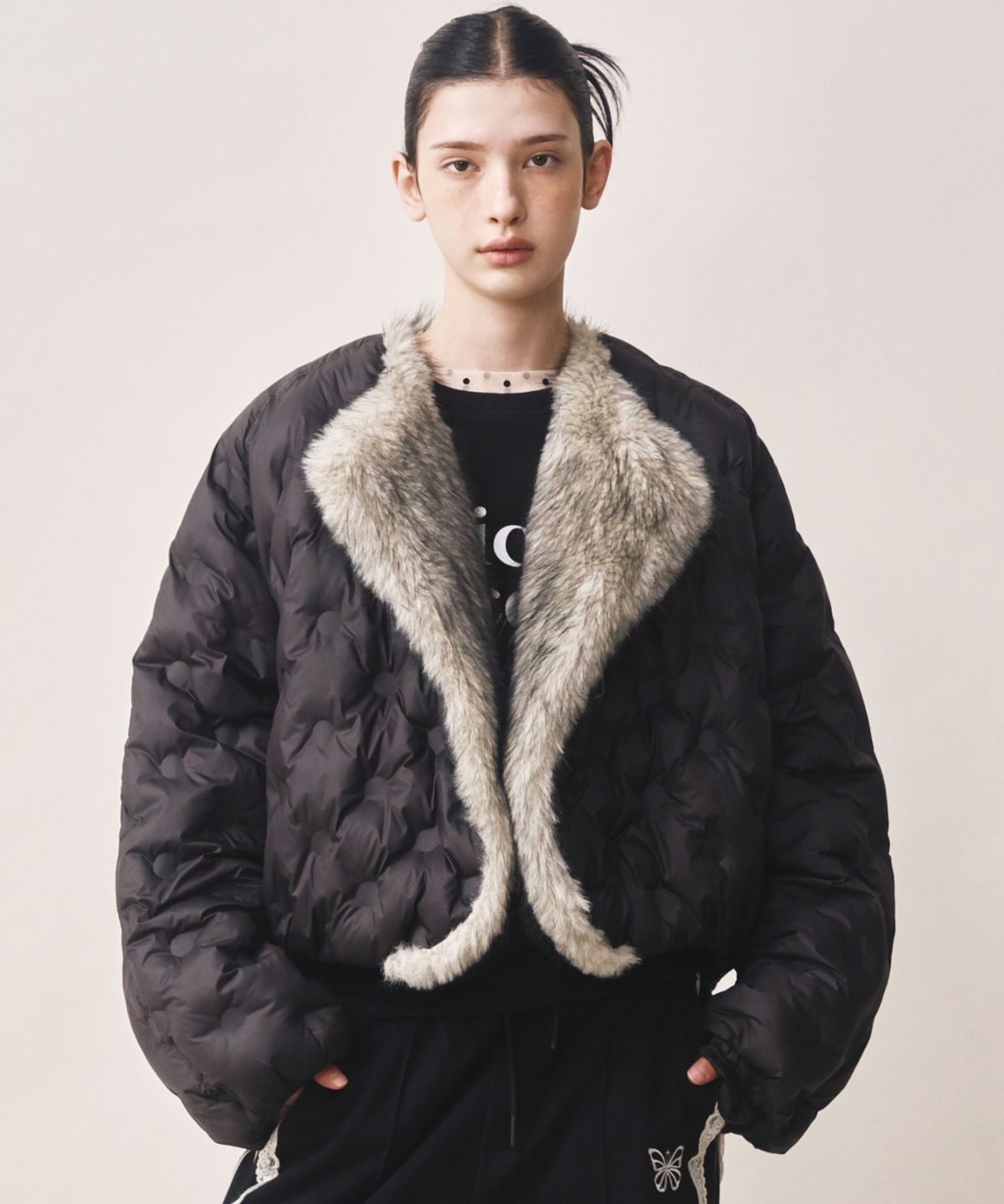 닉앤니콜(NICK&NICOLE) DOT FUR SHAWL VOLUME PUFFER PADDING_BLACK