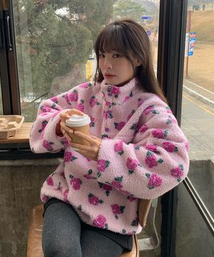 플라워 버튼 플리스 하프 집업 핑크