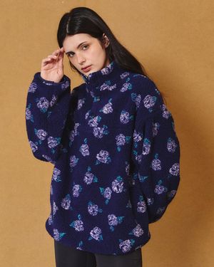 플라워 버튼 플리스 하프 집업 네이비