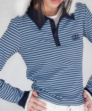 MULTI-STRIPE SLIM COLLAR T-SHIRT, BLUE