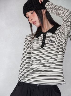 MULTI-STRIPE SLIM COLLAR T-SHIRT, CREAM