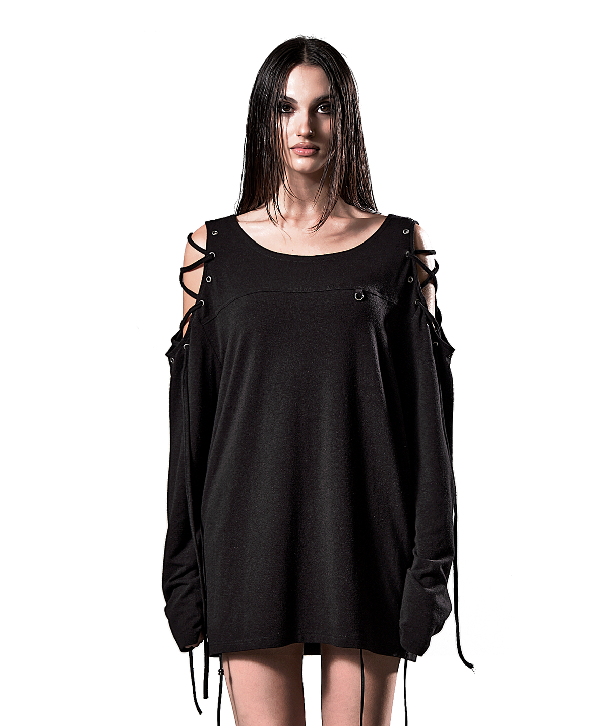 이양(EYANG) CUT-OUT LACED EYELET LONGSLEEVE TOP BLACK