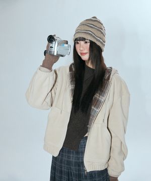 체크배색 플리스후드 집업_MIWJMG137C