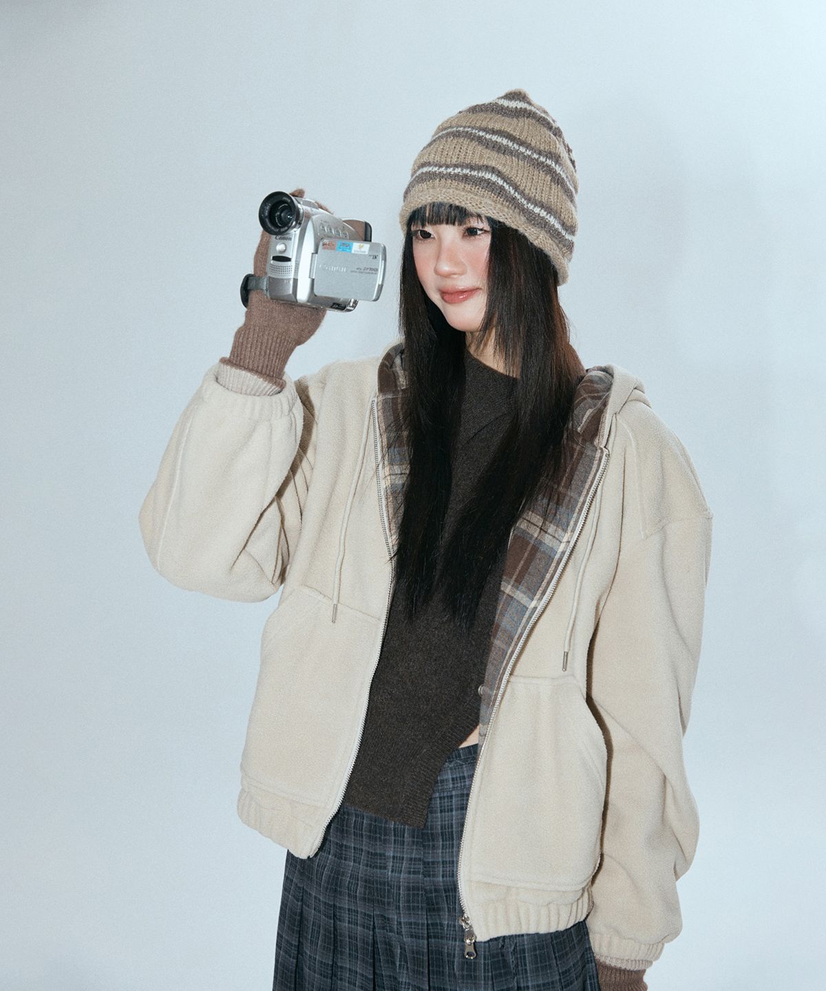 미쏘(MIXXO) 체크배색 플리스후드 집업_MIWJMG137C