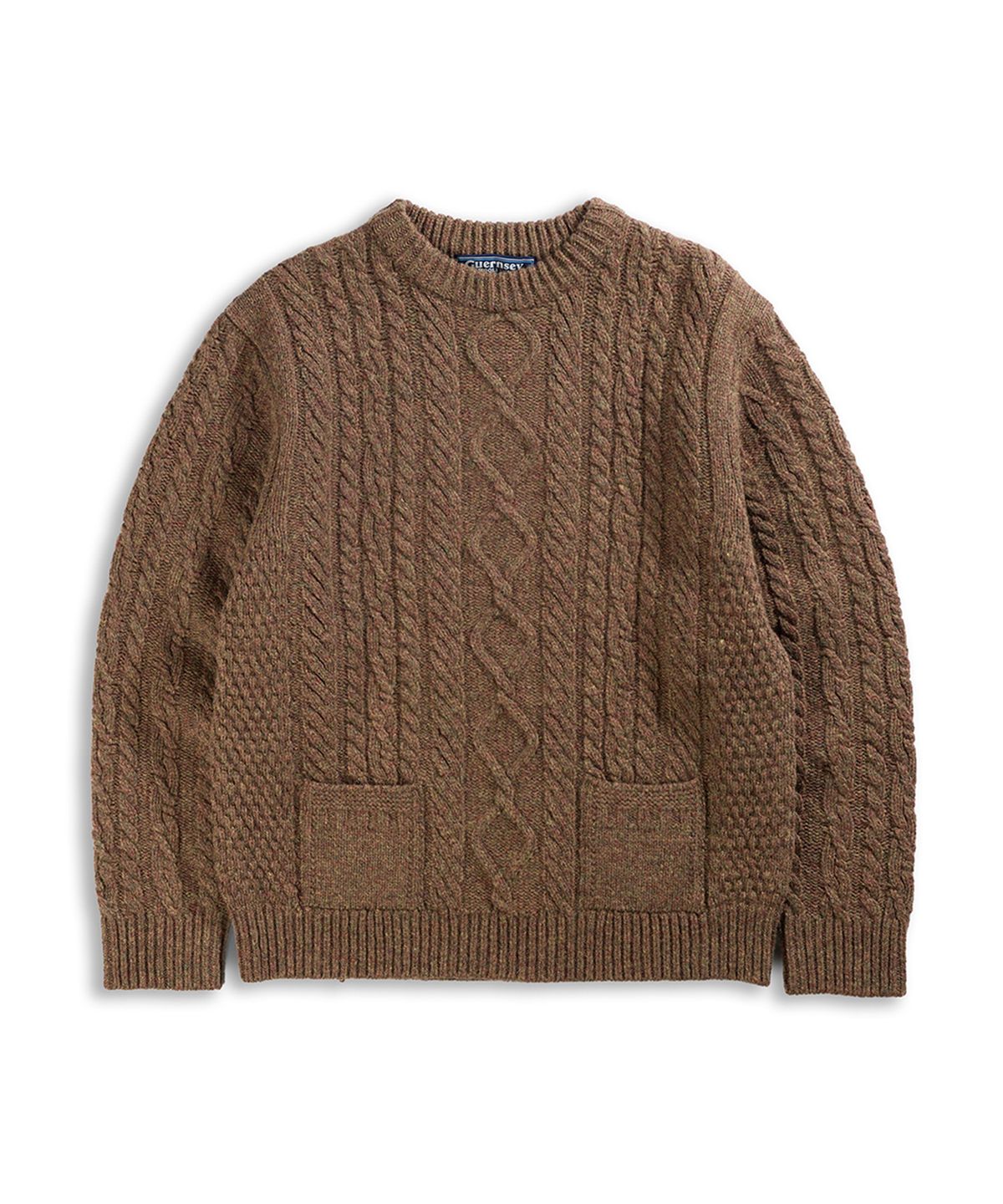 건지 울른스(Guernsey Woollens) 셔틀랜드울 아란 포켓 스웨터 - 모스 브라운