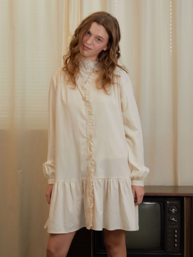 Soft ruffle button dress (Cream)