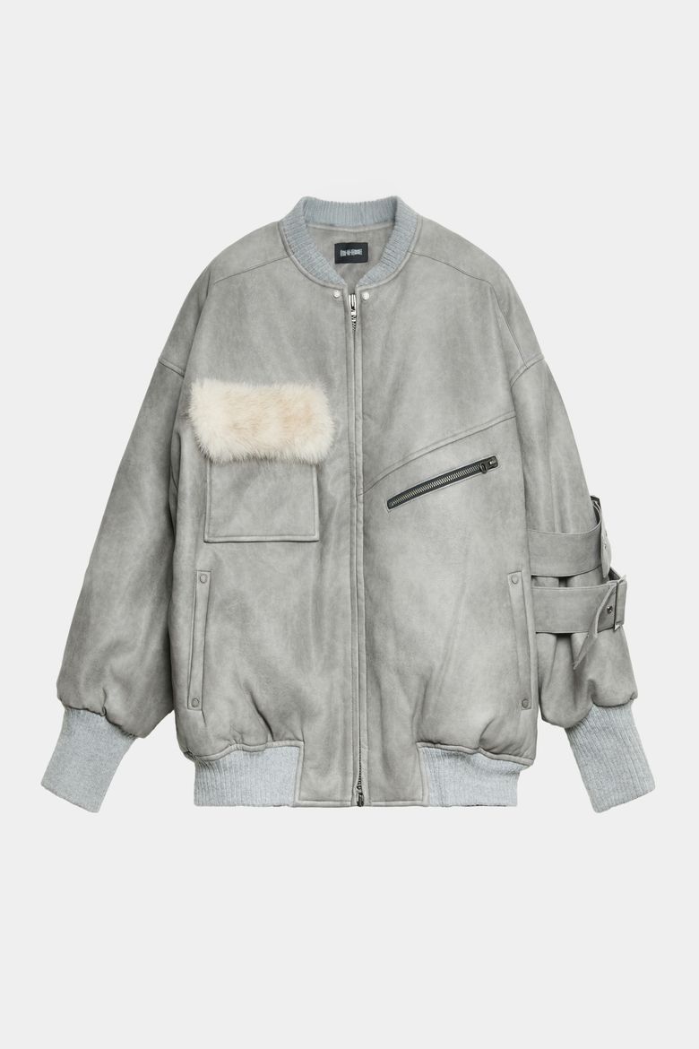 Leather Classic Side Belt Bomber Jacket (Gray)