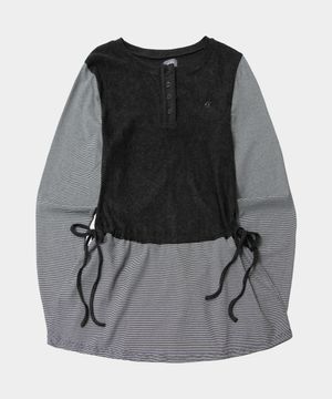 투톤 배색 셔링 레이어드 나그랑 롱 슬리브리스 원피스 [블랙]