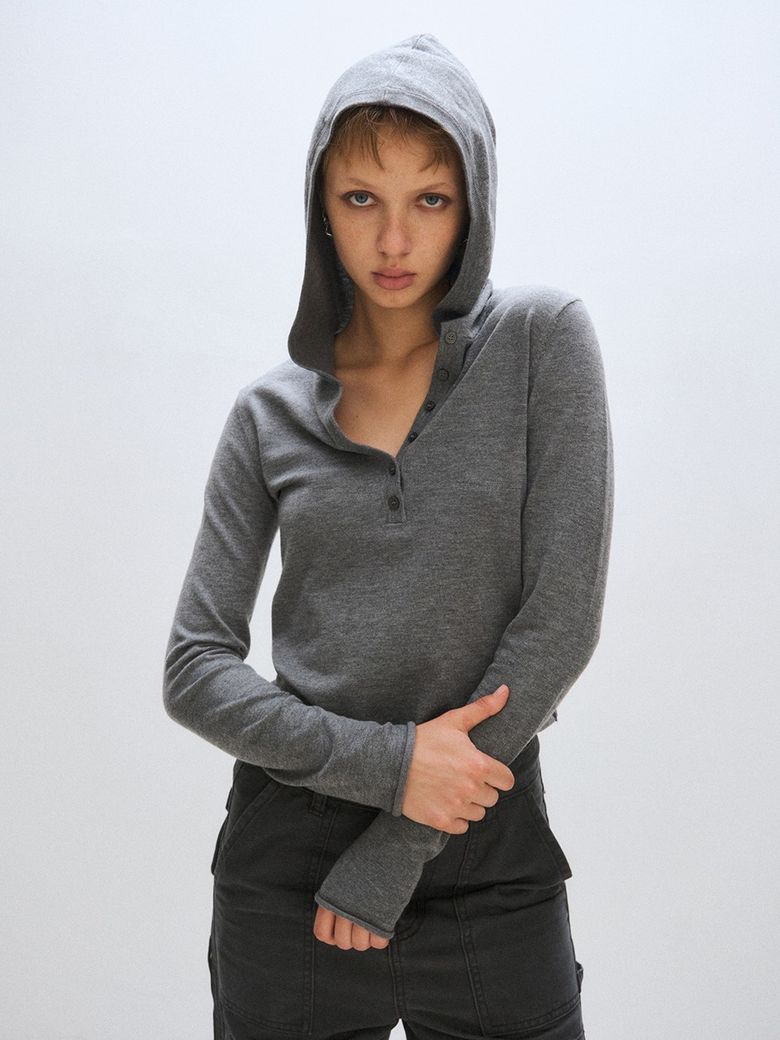 OPEN HOOD KNIT, HEATHER GRAY